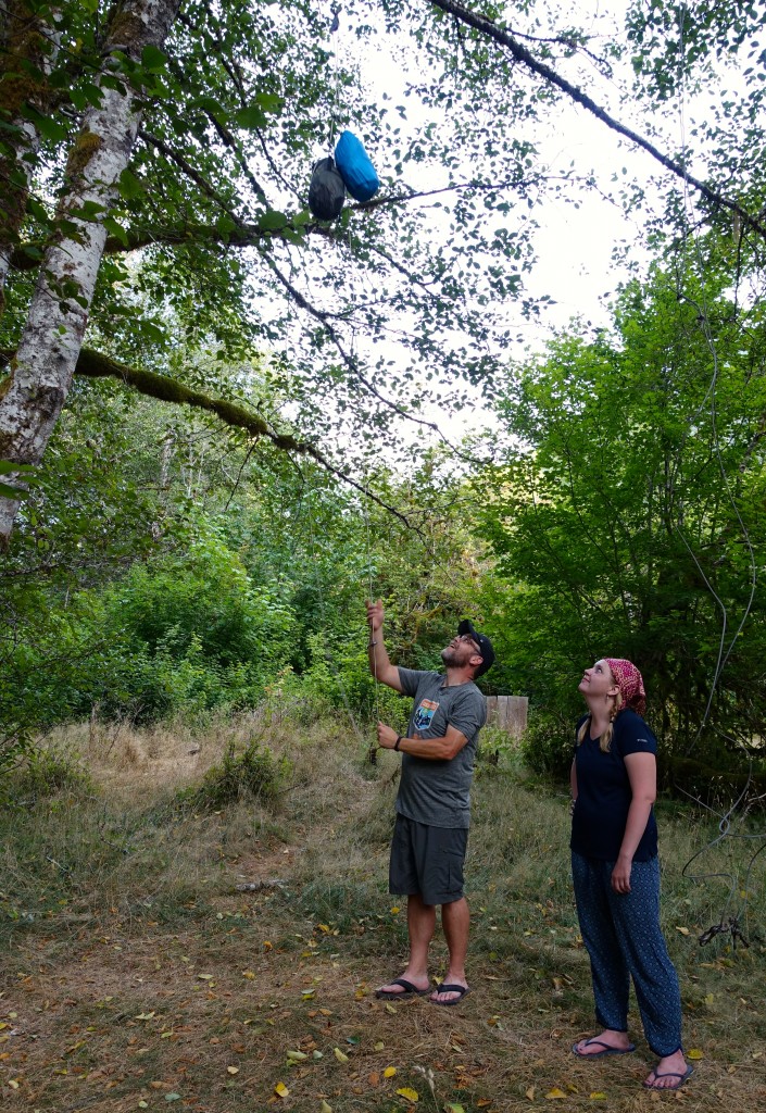 Hanging our food from the bear wires.