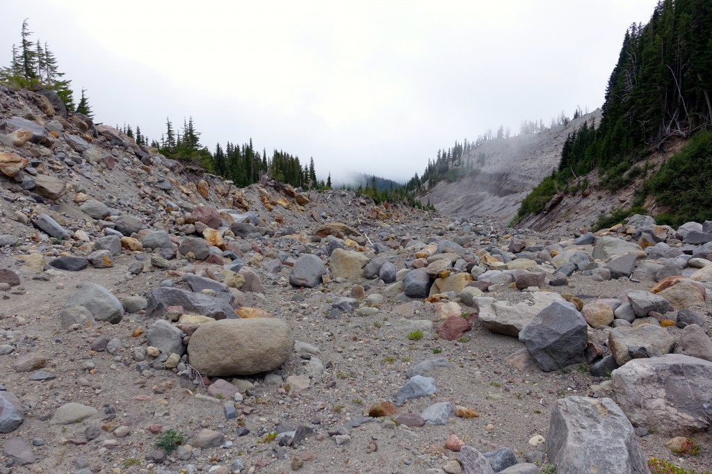 Steep canyons made by streams that cut down through the glacial moraines.