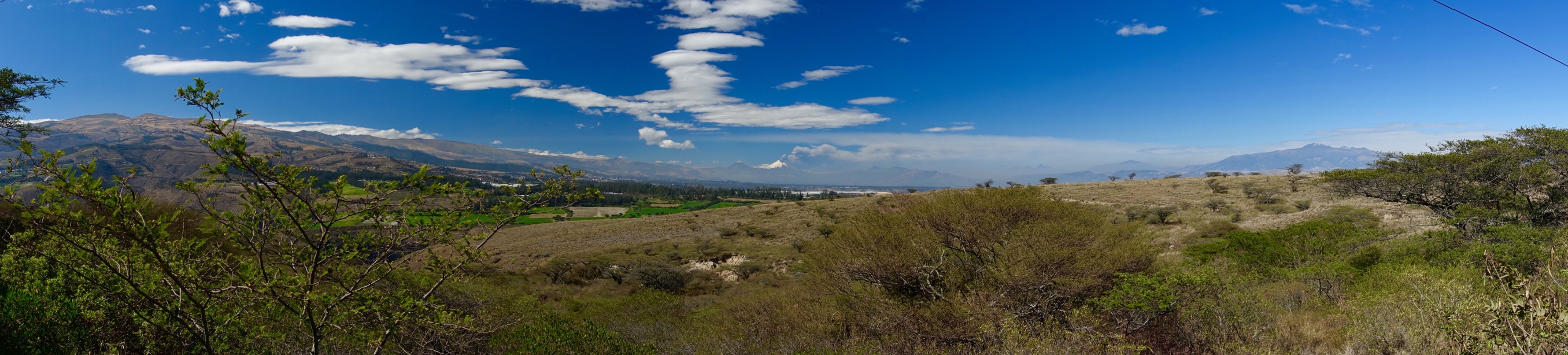 A panoramic view with Cotopaxi erupting in the distance.