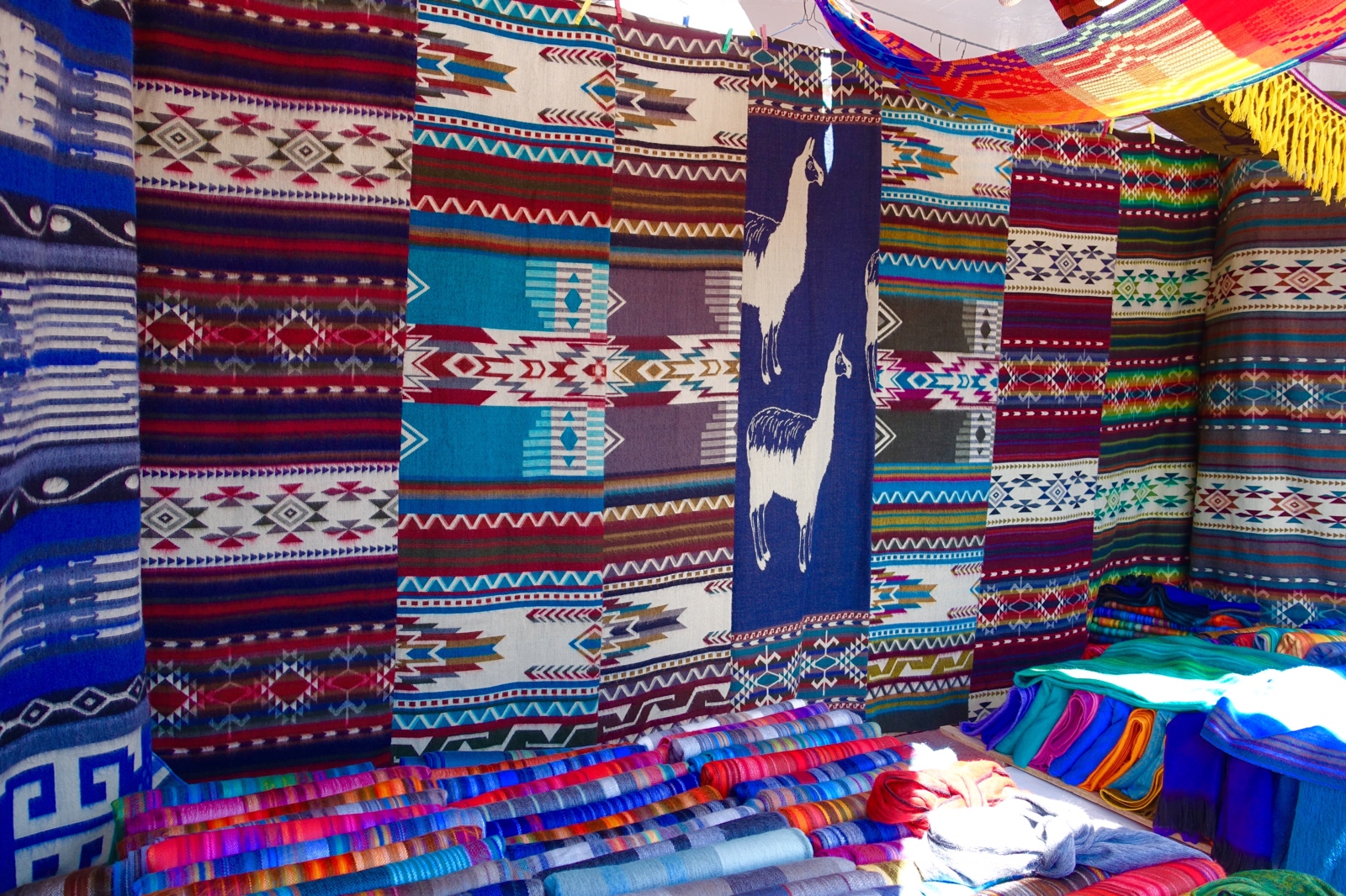 Some of the woven handicrafts at the Otavalo market.