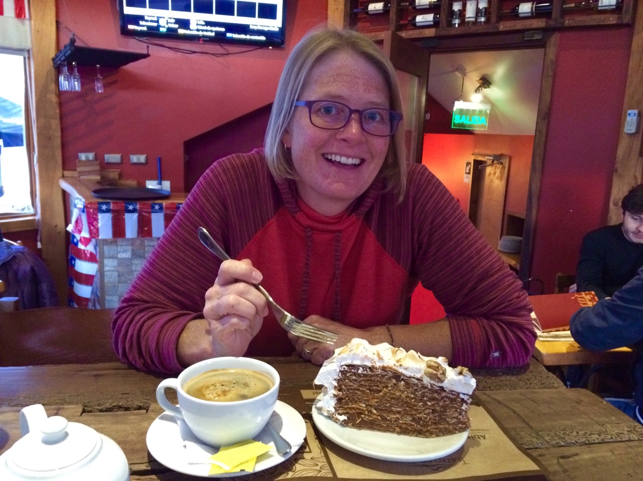 Enjoying one of the amazing cakes and pastries at the local coffee shop in Chile