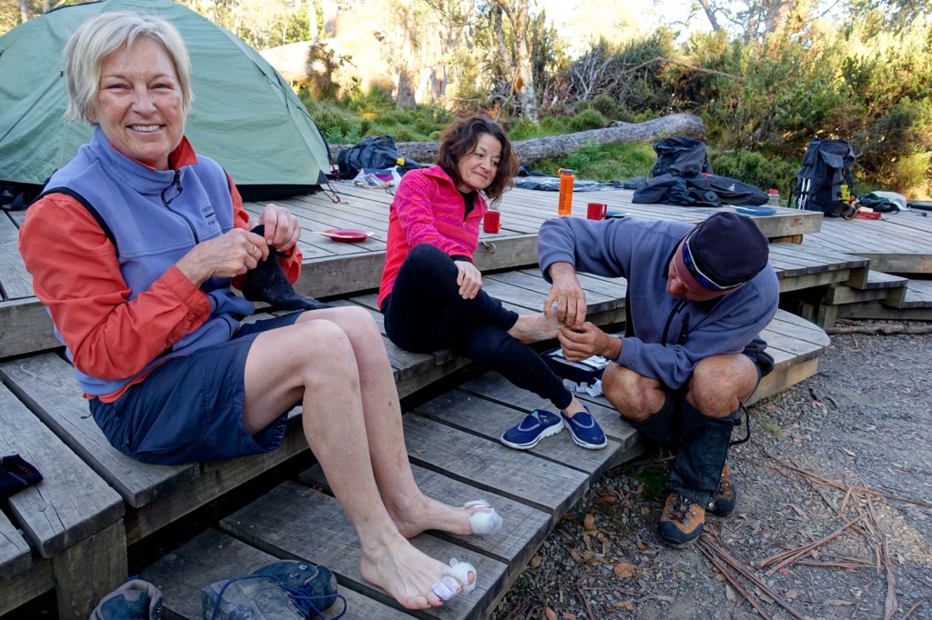 Everyone on our trip lined up to get their feet bandaged up by Wes prior to starting the day of hiking. I think it was as much about our feet as it was about getting some extra time to chat him up one-on-one.