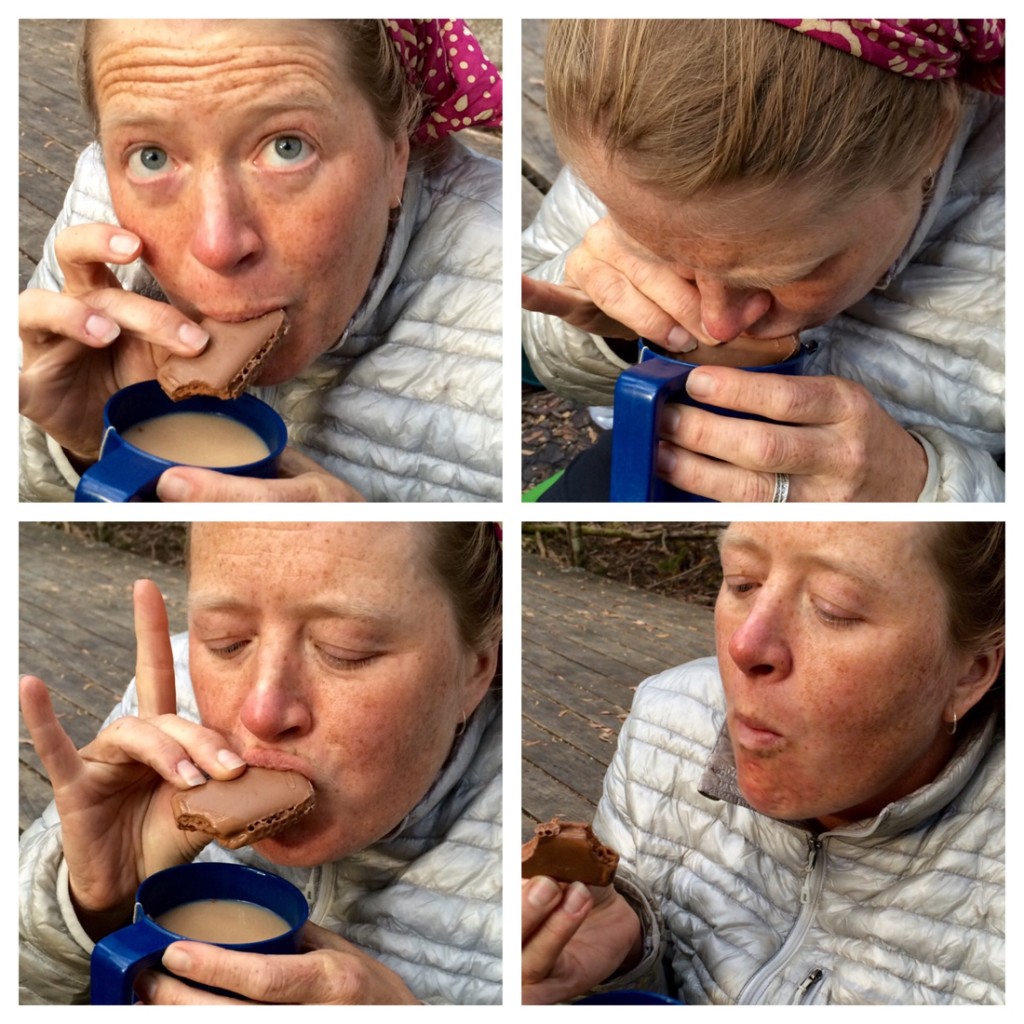 Attempting a "Tim Tam Slam" while camping in Australia.