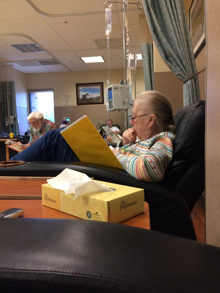 My mother during her first chemotherapy infusion treatment.