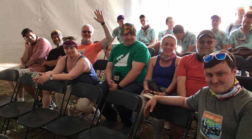 Some of the Running in the Buff crew wearing their buffs at a Ragnar Relay race in Zion, Utah.