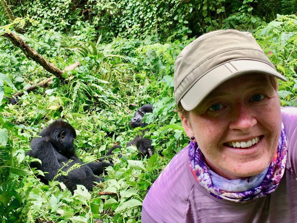 A selfie of me with the mountain gorillas in the back