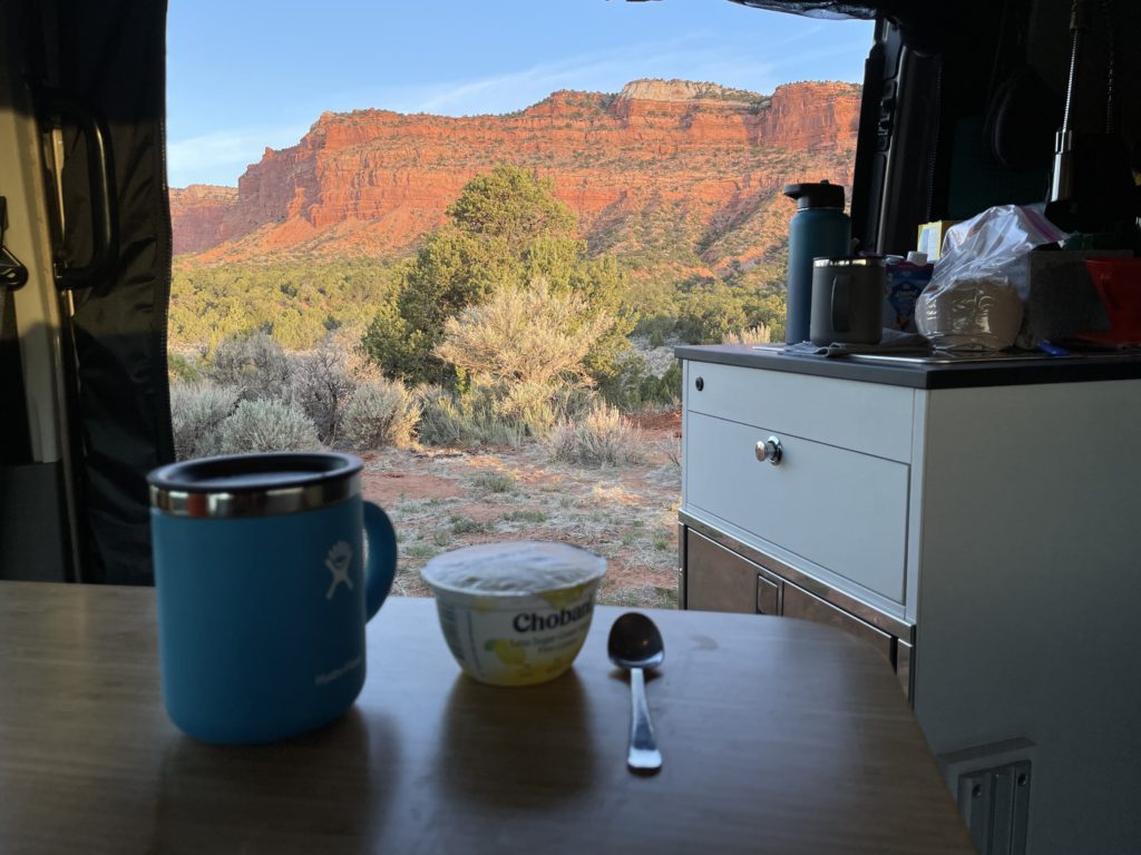 Breakfast view from the campervan near Kanab, Utah.